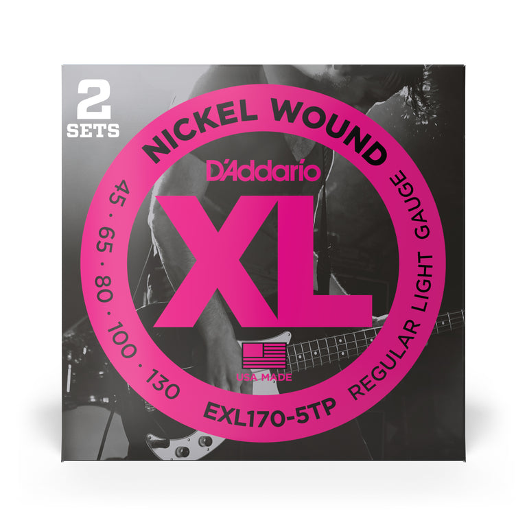 D'Addario XL-Series Nickel Wound 45-130 5-String Bass Guitar Strings, Long Scale [EXL170-5TP], 2-Pack