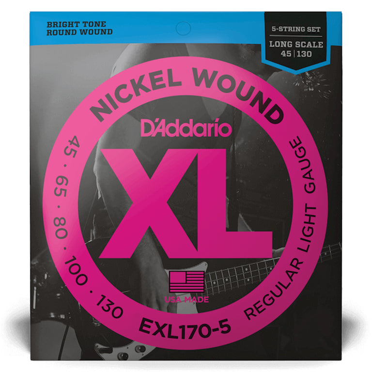 D'Addario XL-Series Nickel Wound 45-130 5-String Bass Guitar Strings, Long Scale [EXL170-5]