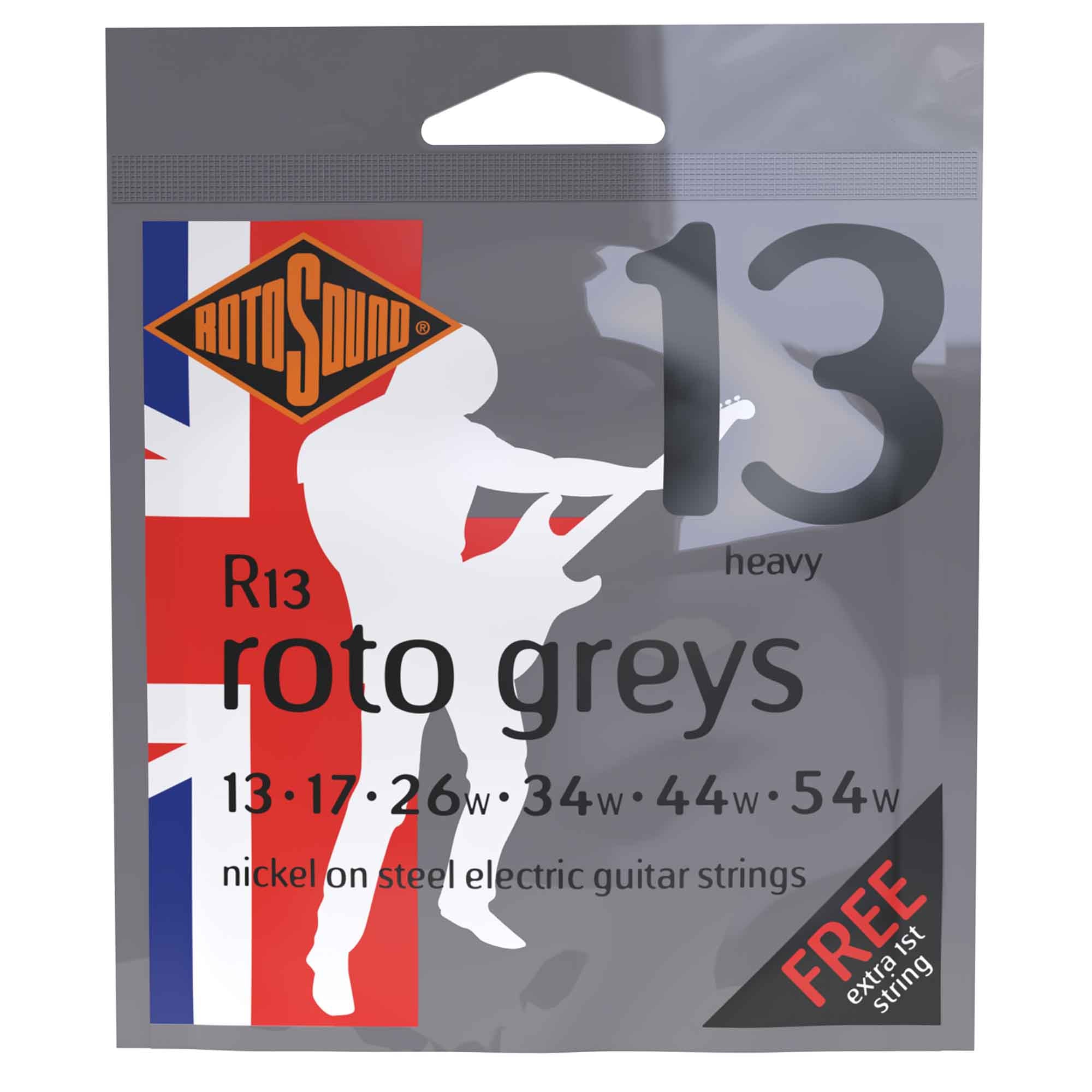 Rotosound R13 ROTO Greys Nickel Wound 13-54 Electric Guitar Strings, Heavy