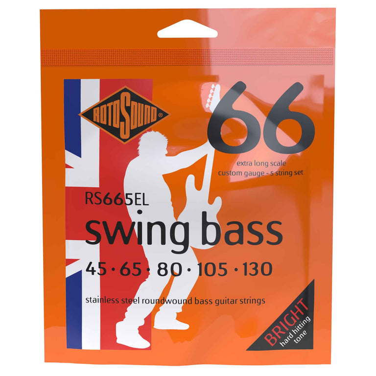Rotosound Swing Bass Stainless Steel 45-130 5-String Bass Guitar Strings, Extra Long Scale [RS665EL]